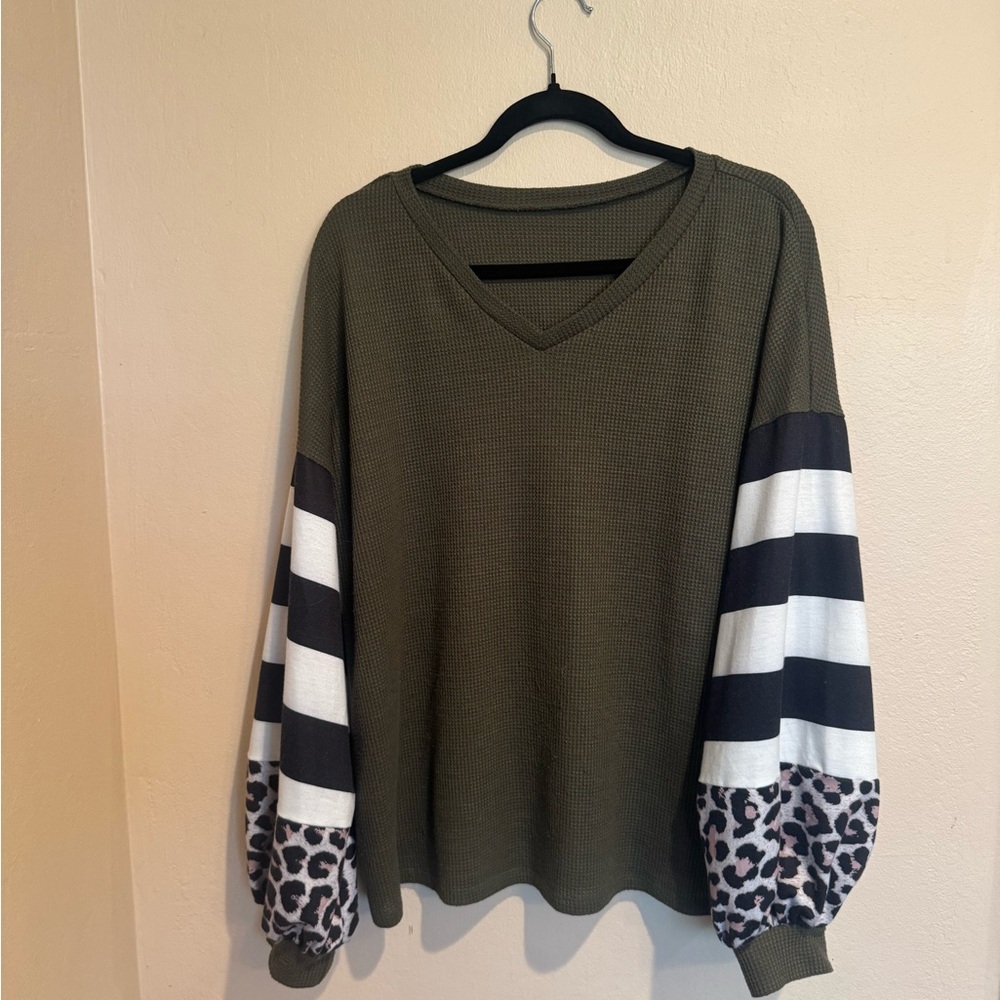 Olive Green V Neck Striped and Cheetah Print Sleeve Women's Top